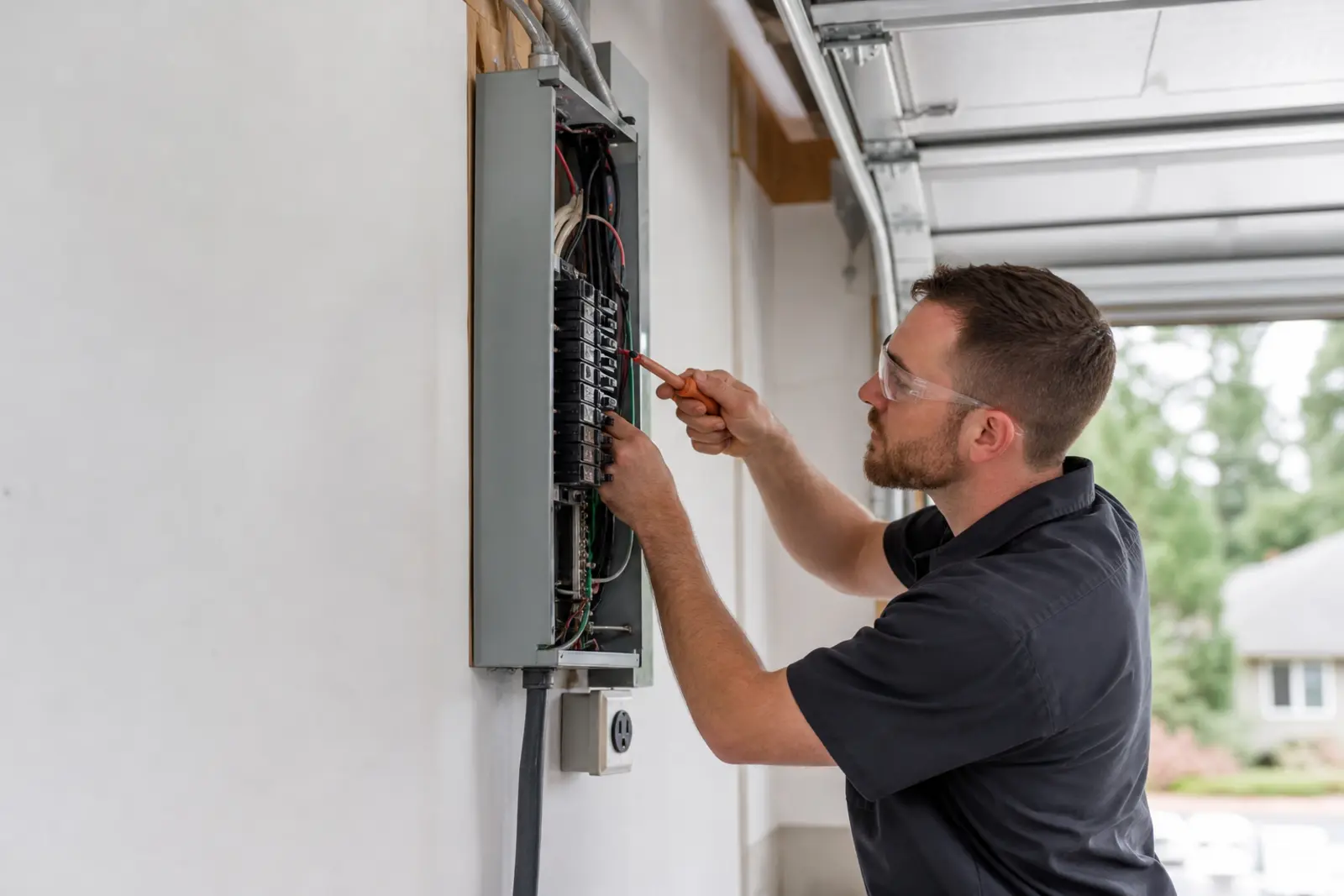 Licensed electrician wiring a residential breaker panel